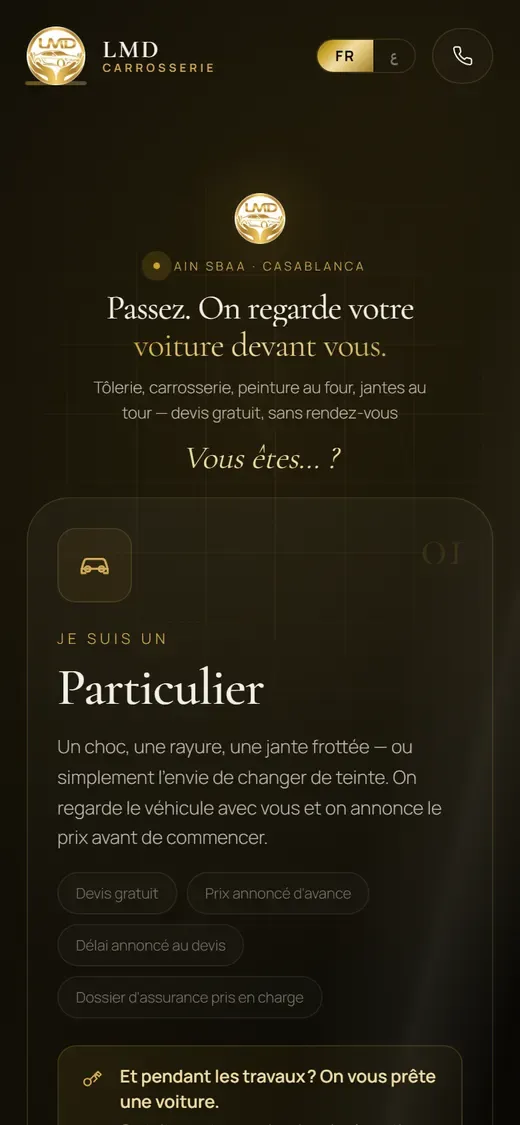 Écran d’accueil du site de LMD Carrosserie sur téléphone : logo doré, mention Ain Sbaa Casablanca et bouton d’appel.